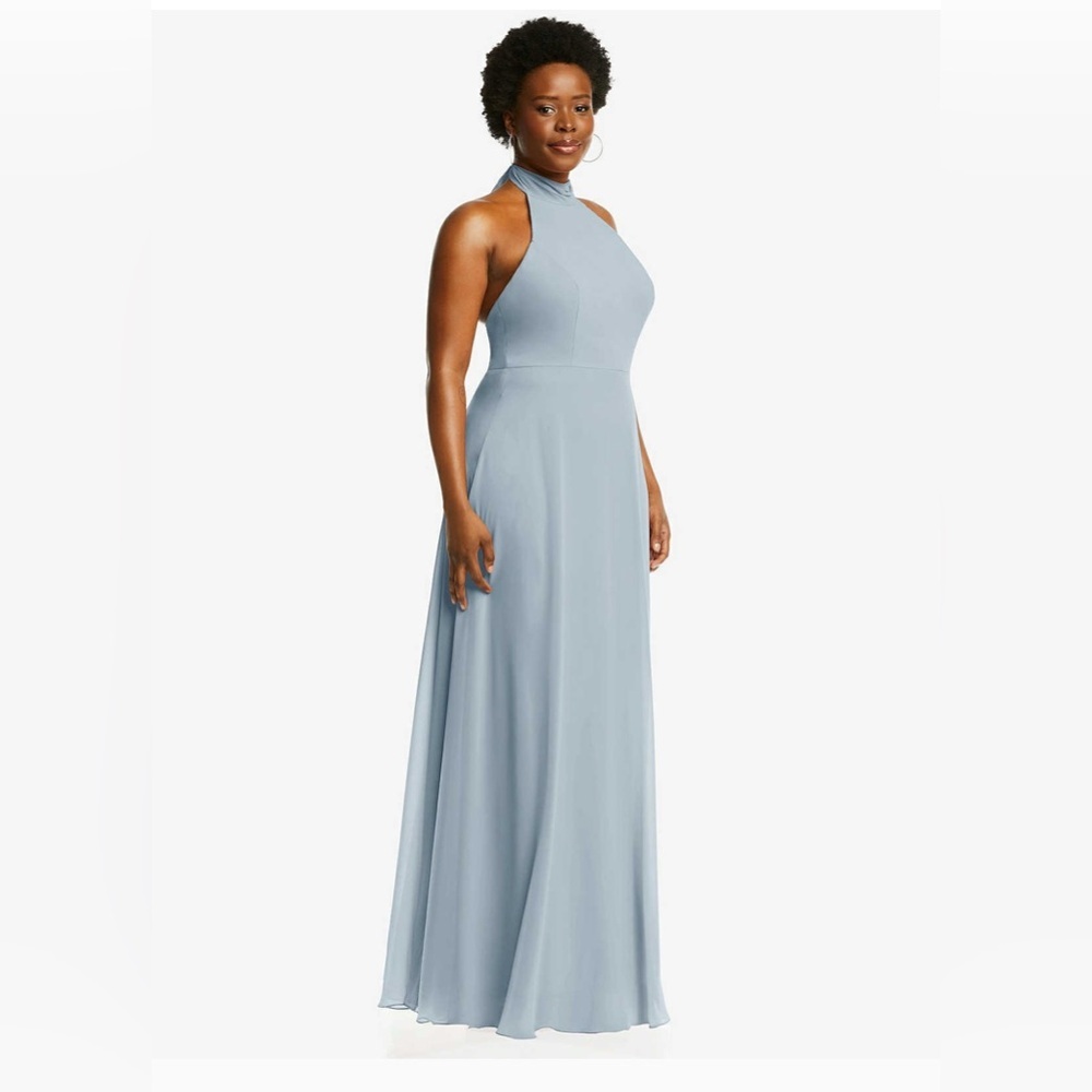 New After Six HIGH NECK HALTER BACKLESS MAXI DRESS IN MIST Size 14R Mist Blue - Picture 7 of 7